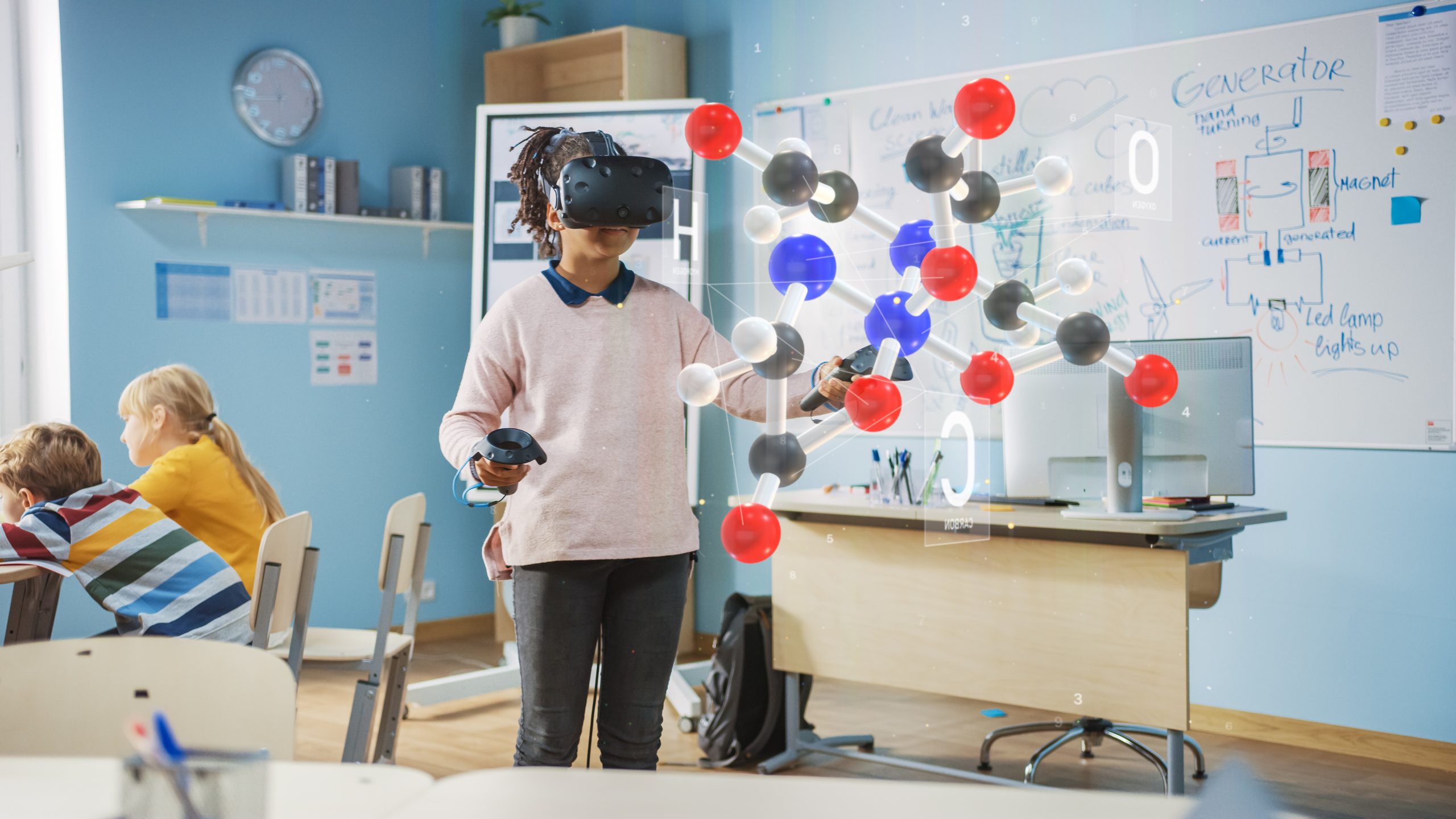 Grl engaging with a 3D molecule model using Augmented Reality headset and controllers, illustrating advanced STEM learning methods.