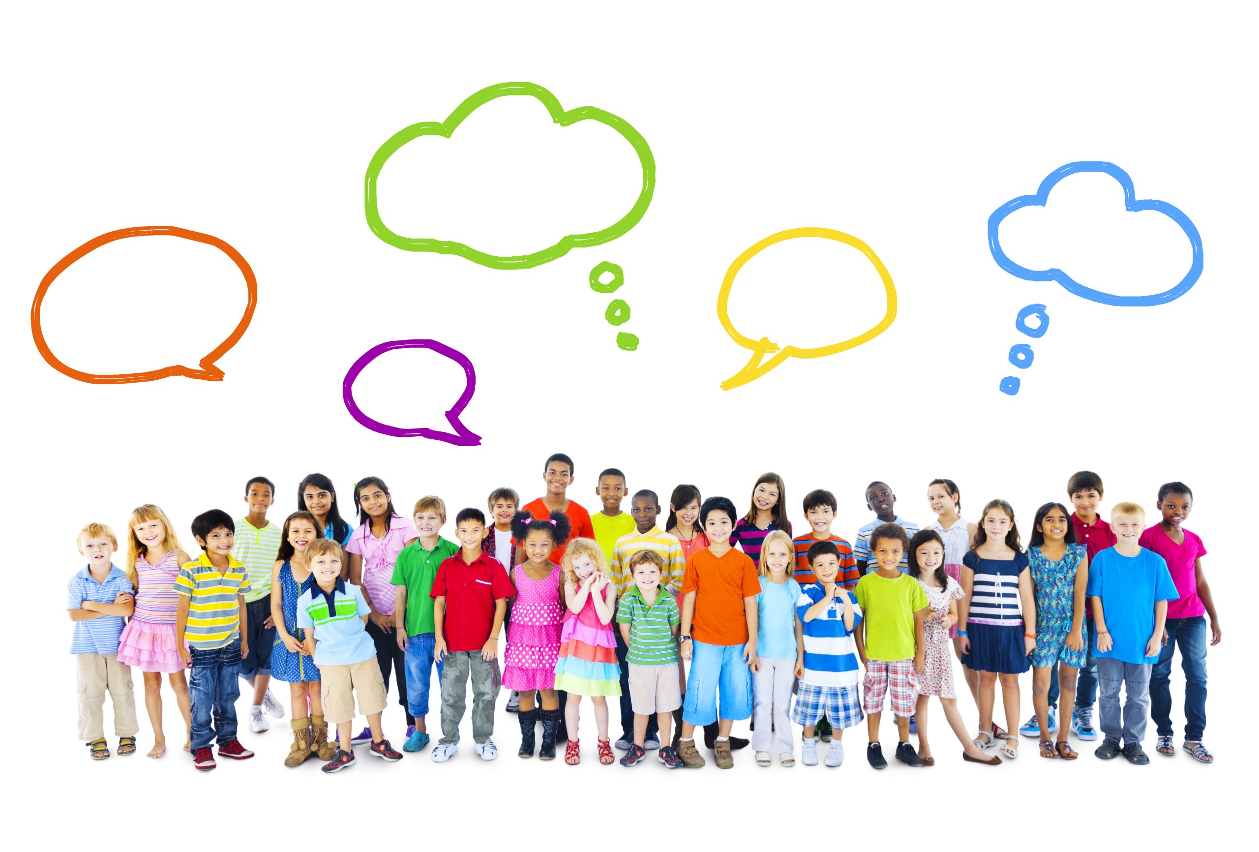 Multiethnic children in a group with speech bubbles above their heads