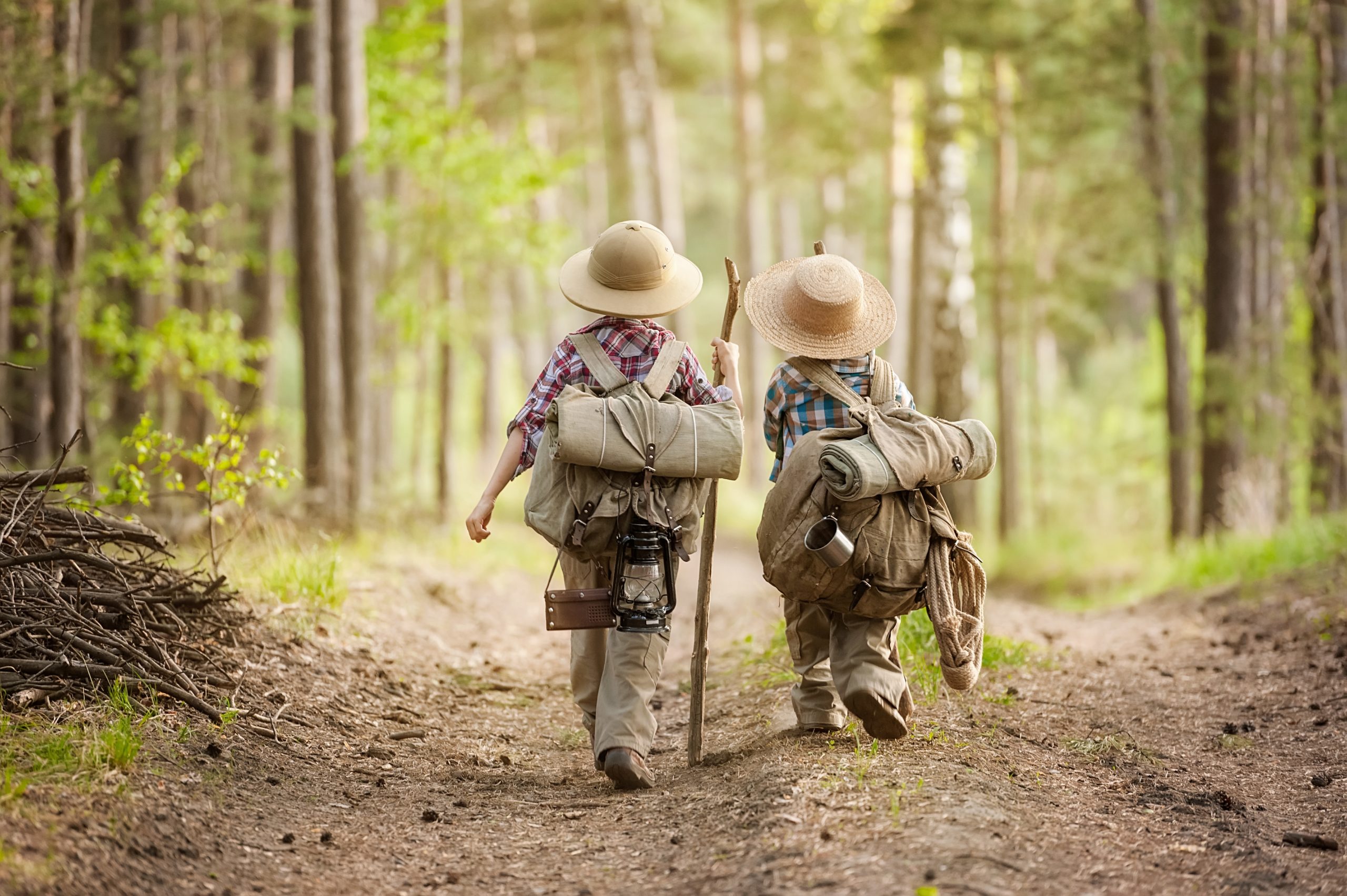 Two boys with backpacks hiking on a forested trail under a bright sun.