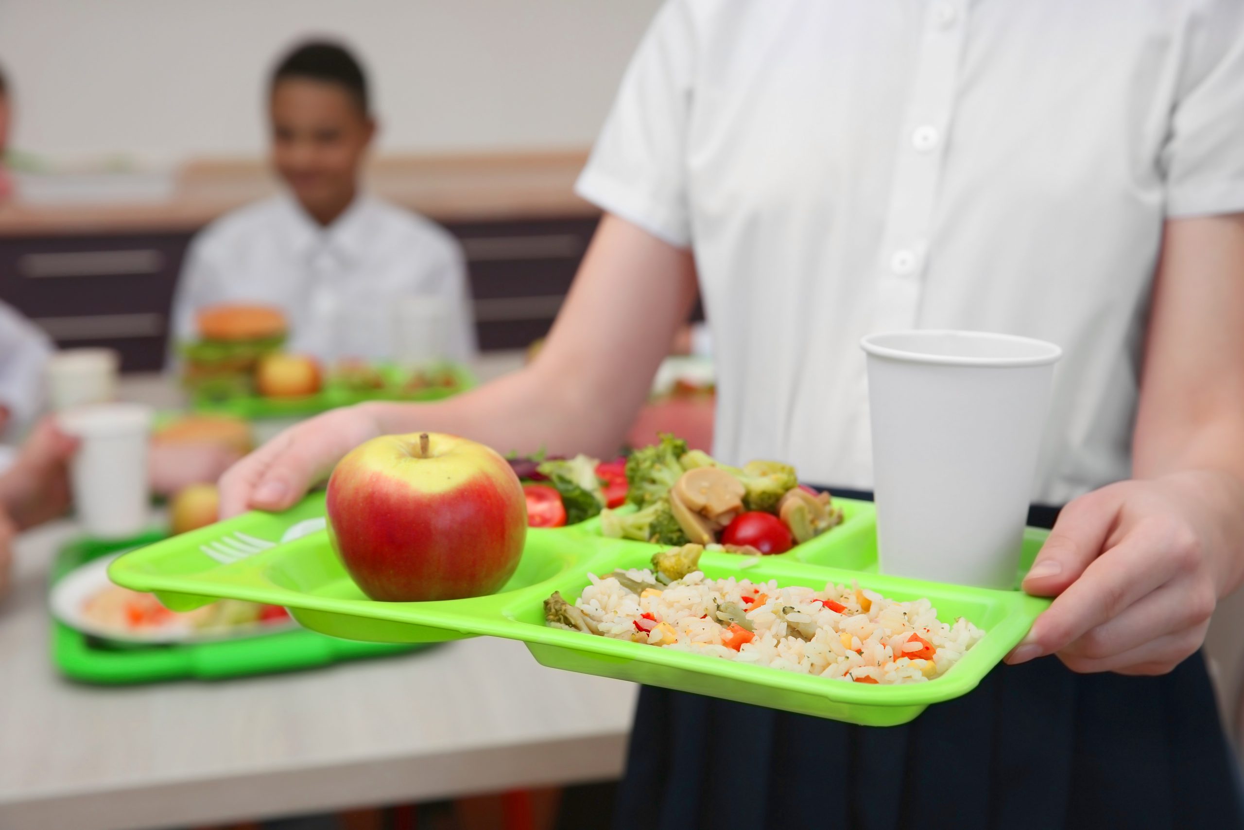 Girl holding a tray filled with a variety of nutritious foods, standing in a school canteen.